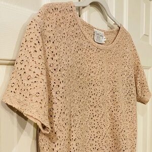🌼 Pierre Cardin Small Tan Floral Lace Blouse Shirt Unique Vintage Cottage Top
